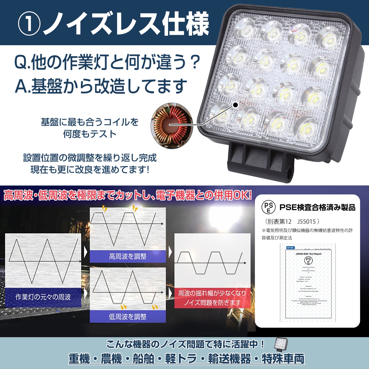 48W LED作業灯 船舶用ノイズレス仕様（耐錆ステンレスステー同梱）