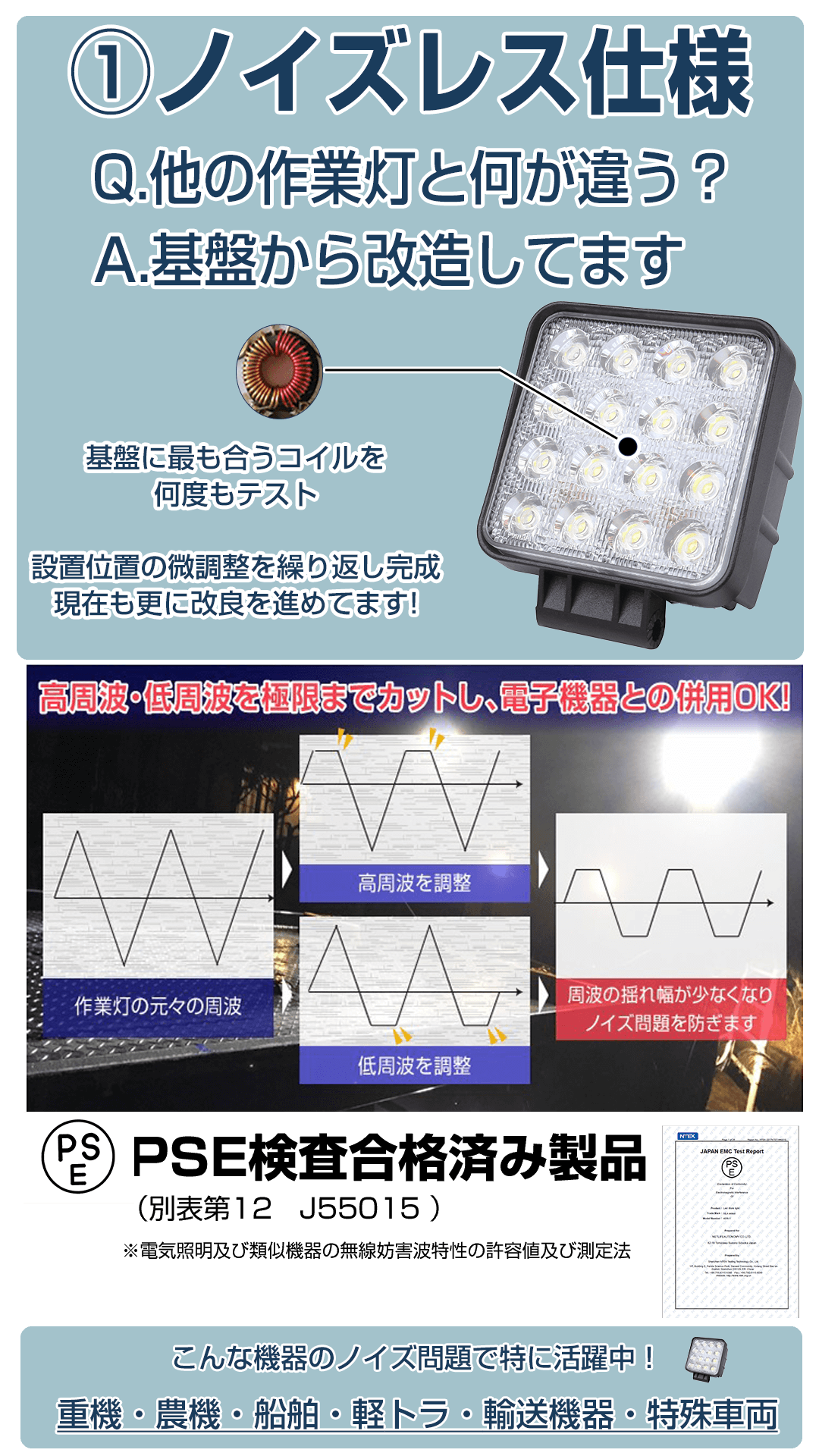 ノイズが出ない27w led作業灯(無線・ラジオ併用OK)